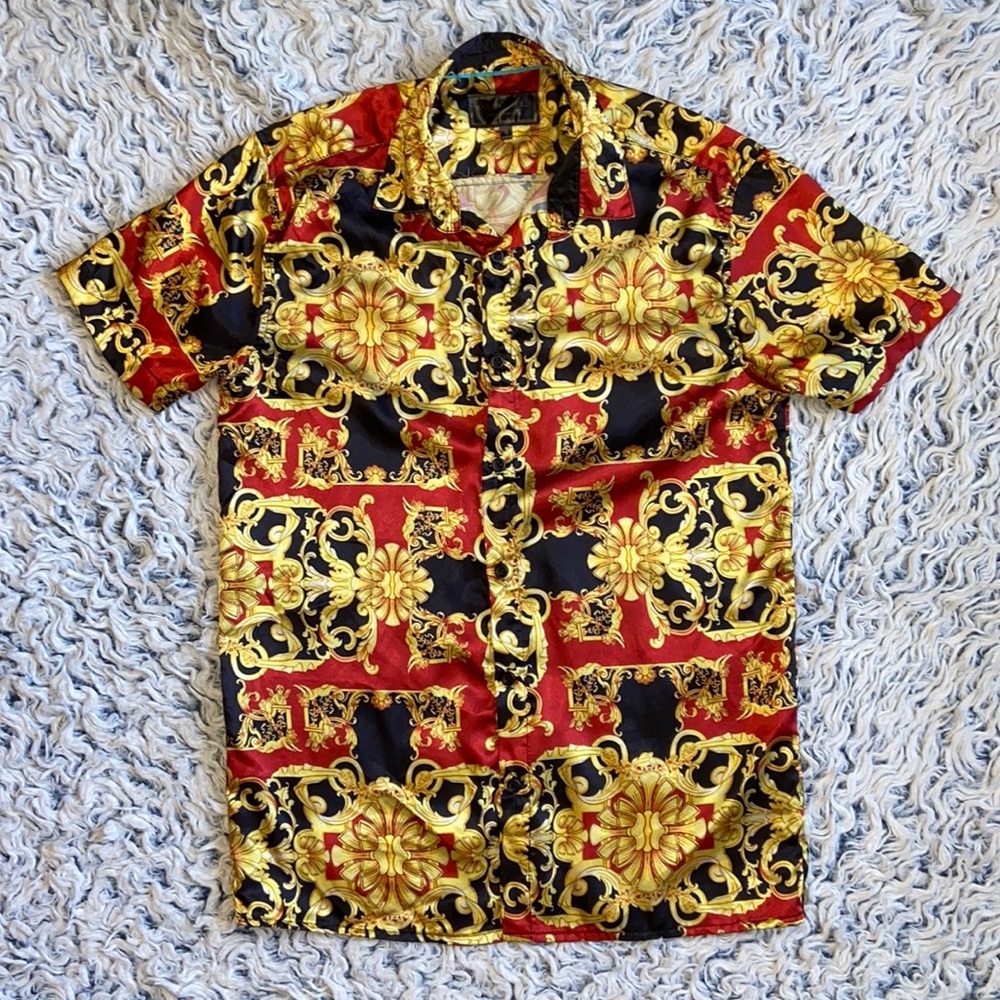 Men's Red and Gold Baroque Print Casual Shirt